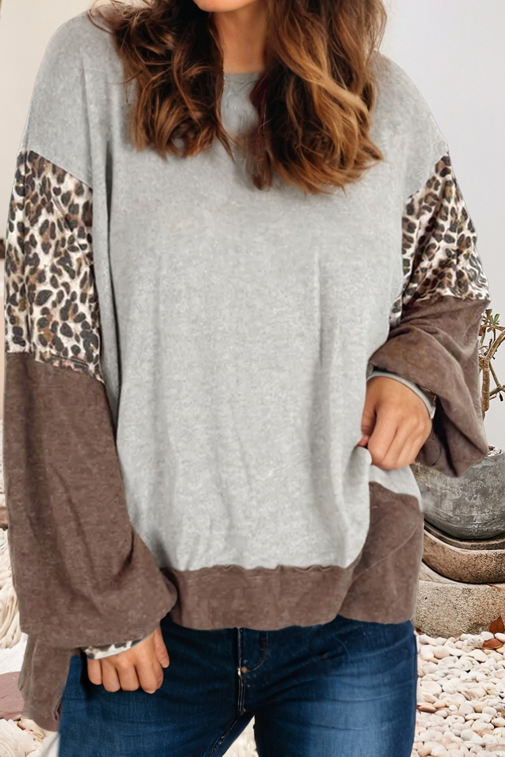 Gray LDC Plus Size Leopard Colorblock Patchwork Dolman Sweatshirt for wholesale on Faire0