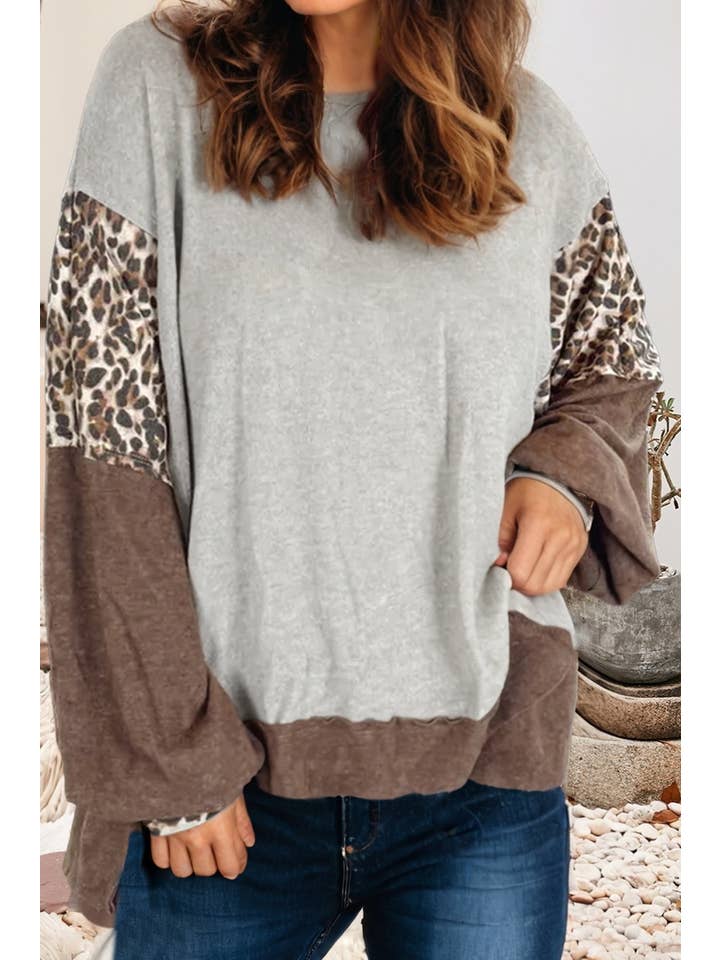 Gray LDC Plus Size Leopard Colorblock Patchwork Dolman Sweatshirt for wholesale on Faire