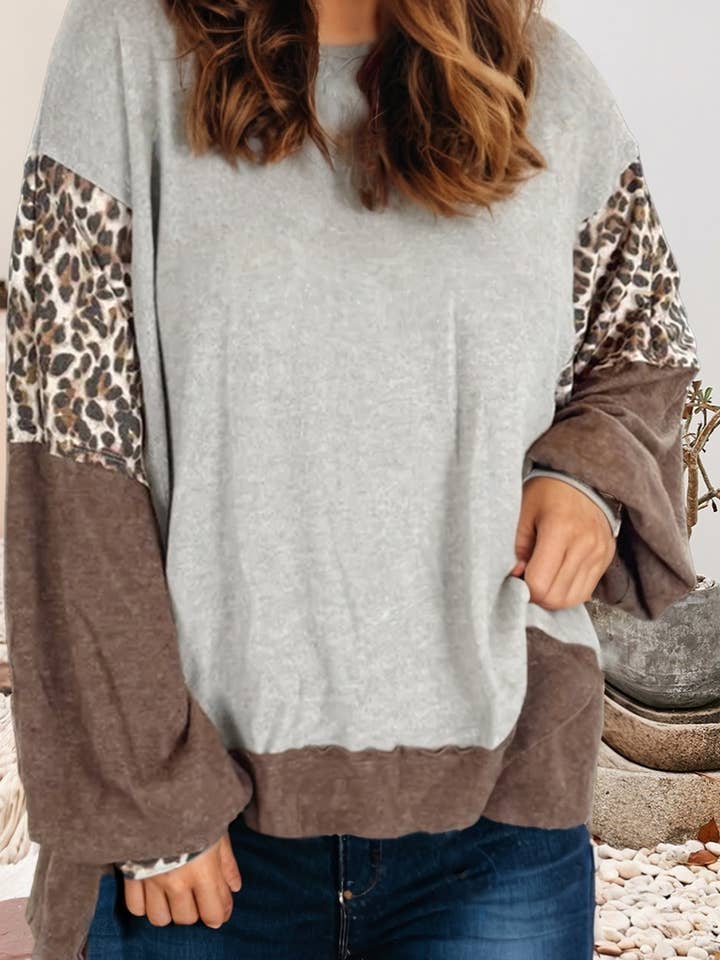 Sweat-shirt Dolman Patchwork Léopard Colorblock Grande Taille LDC pour la vente par Little Daisy Closet