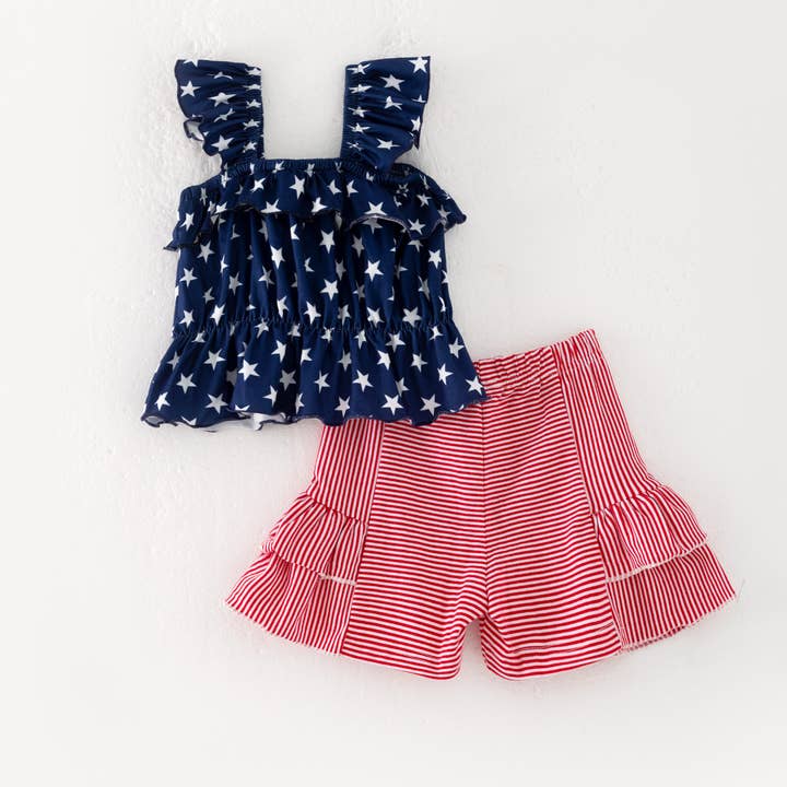Auraquise - Wholesale Top & Short Set - Kids - Girls Summer July 4th Navy Red Star Ruffled Short Set