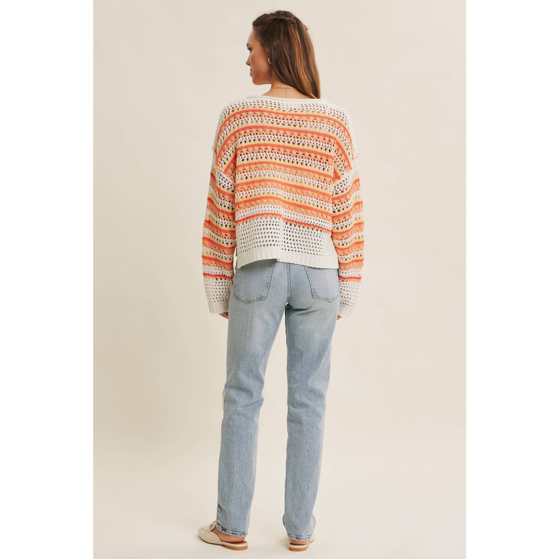 in february - Wholesale Knit Sweater - Women's - BRIGHT VIBRANT MULTI STRIPE LOOSE FIT CROCHET SWEATER TOP13