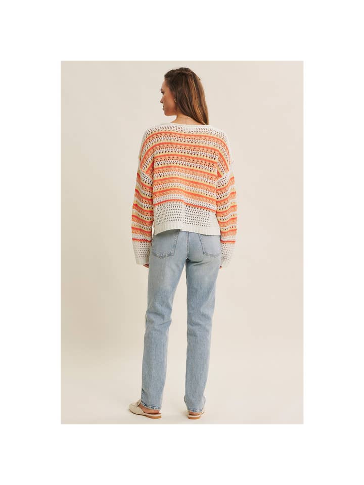 in february - Wholesale Knit Sweater - Women's - BRIGHT VIBRANT MULTI STRIPE LOOSE FIT CROCHET SWEATER TOP13