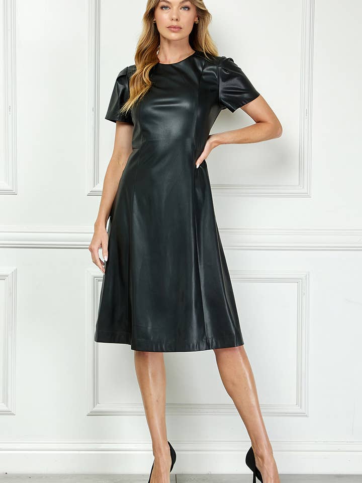 D5835 Faux Leather A Line Dress with Puff Sleeves for wholesale by See and Be Seen