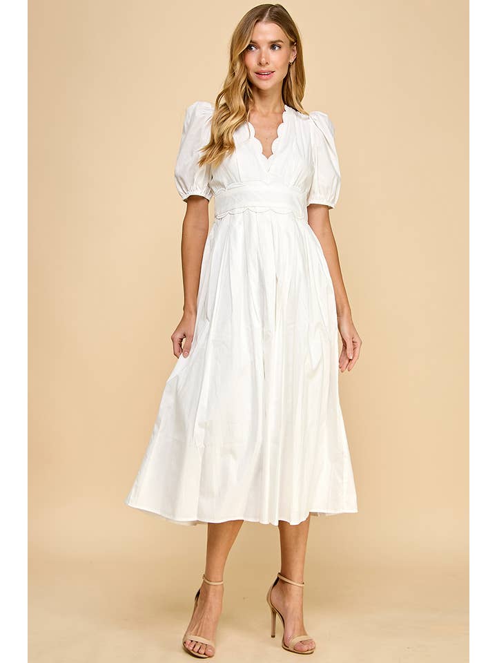 White CD04954-V Neckline Scalloped Detail Midi Dress for wholesale on Faire