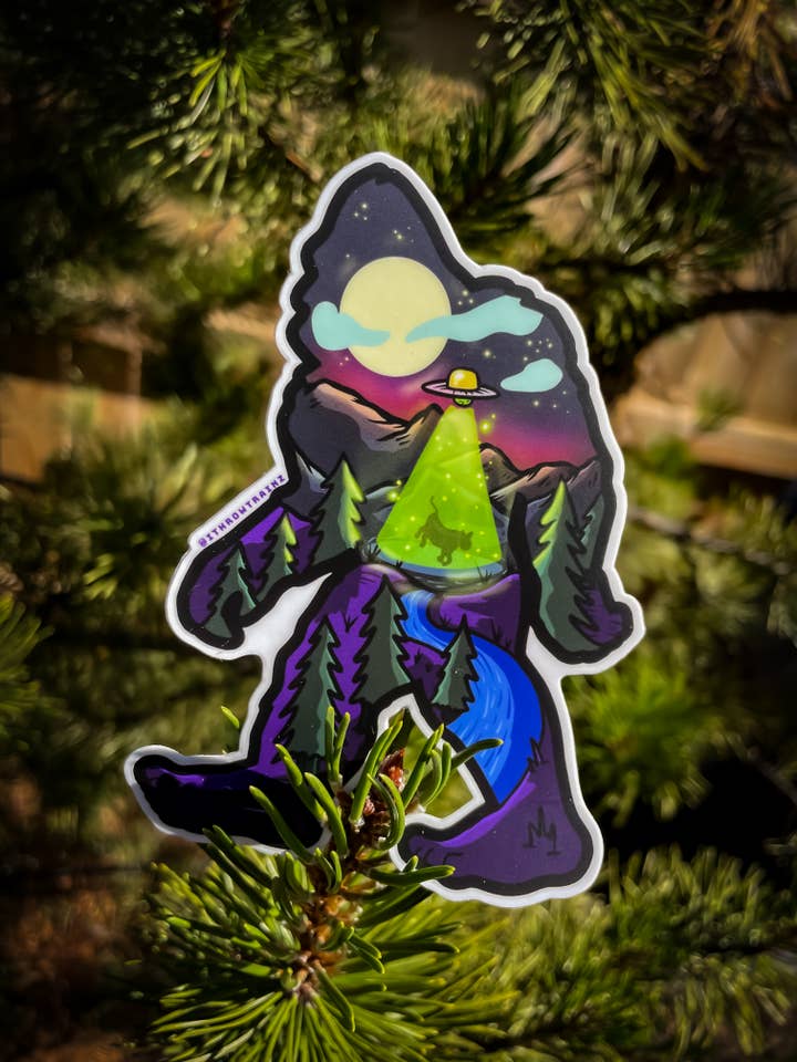 Sasquatch Lost in the Woods UFO Sticker for wholesale by iThrowTrainz Design & Print