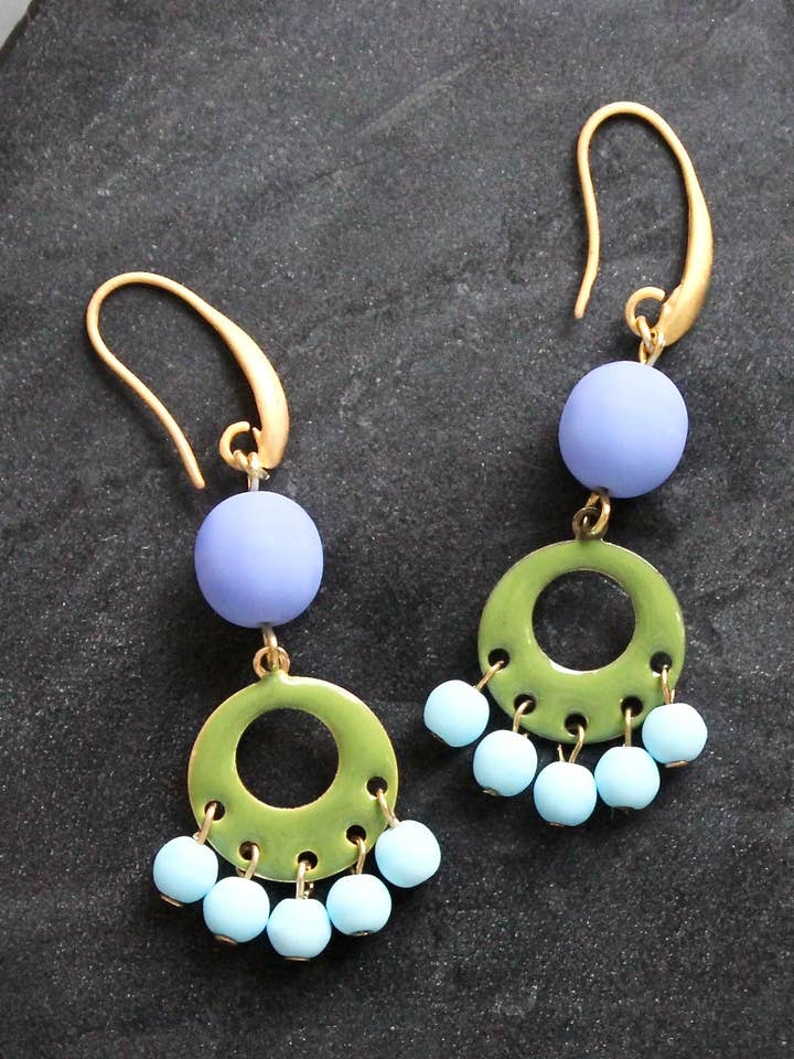 KYLE27 periwinkle and green enameled earrings for wholesale by David Aubrey Jewelry