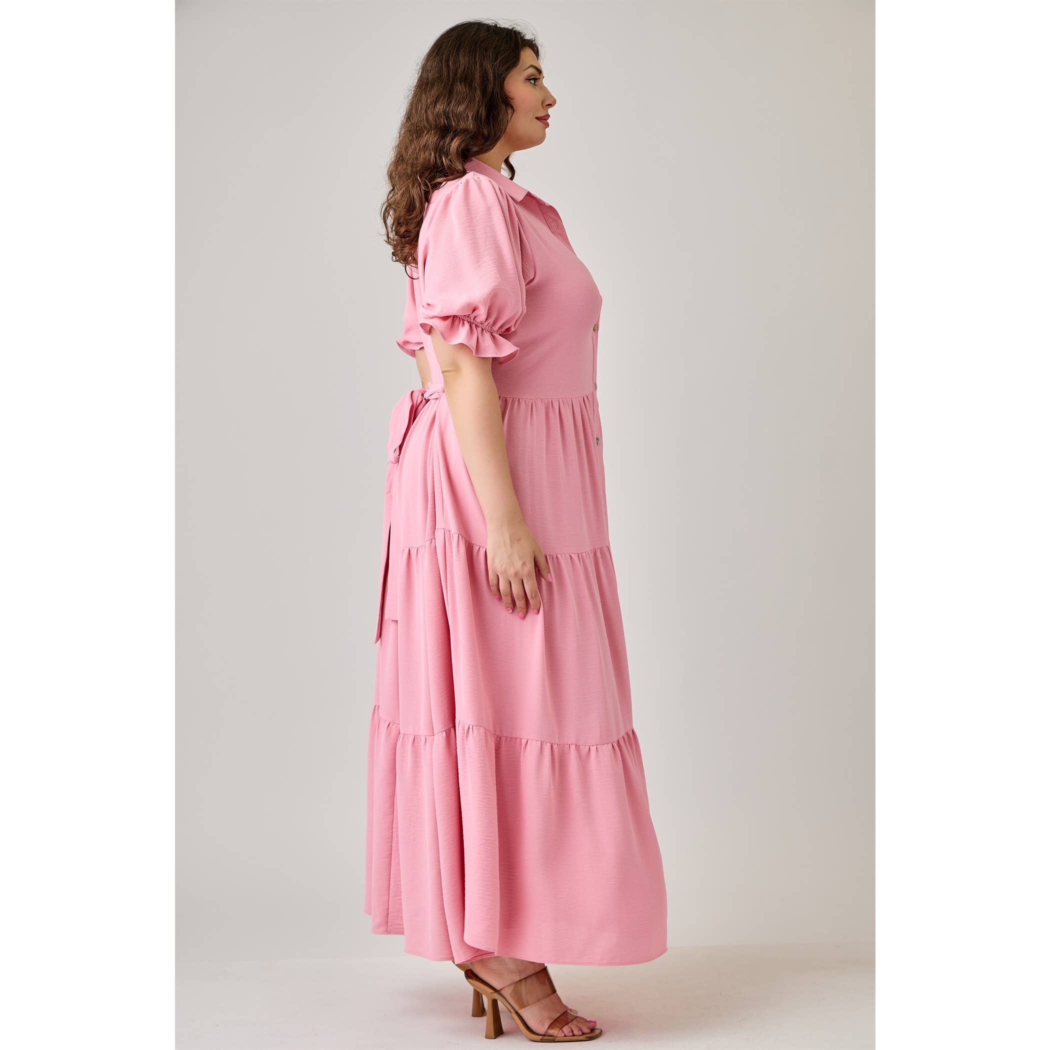 ORANGE CORAL PLUS SIZE BUTTON FRONT MAXI DRESS WITH TIERD HEM for wholesale on Faire25