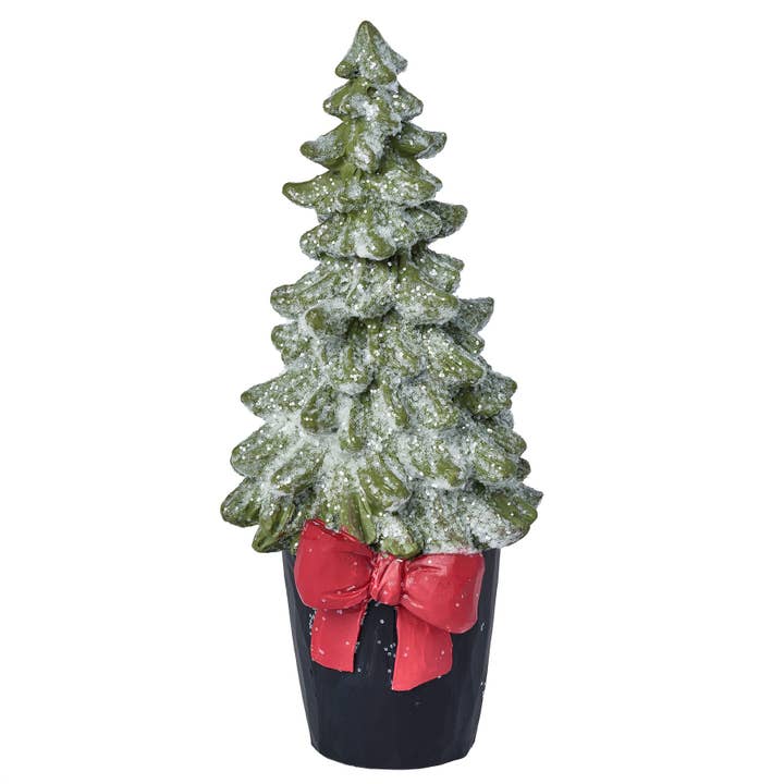 Frosted Christmas Tree with Red Bow for wholesale by Blossom Bucket & Crossroads Home