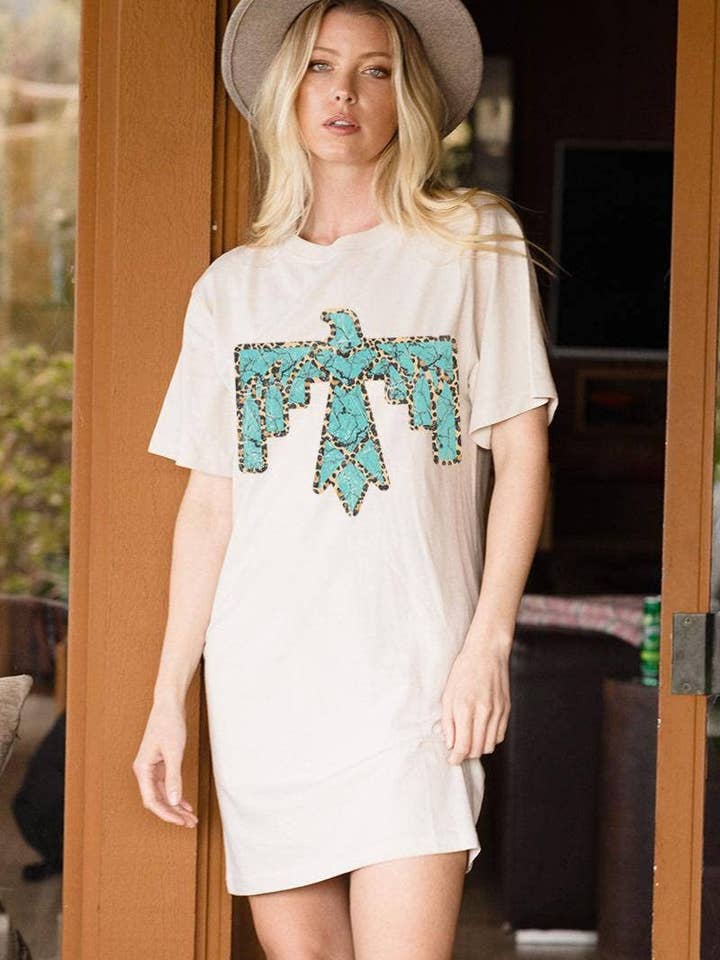 Turquoise Thunderbird Leopard Graphic Tunic Top for wholesale by Foryeri