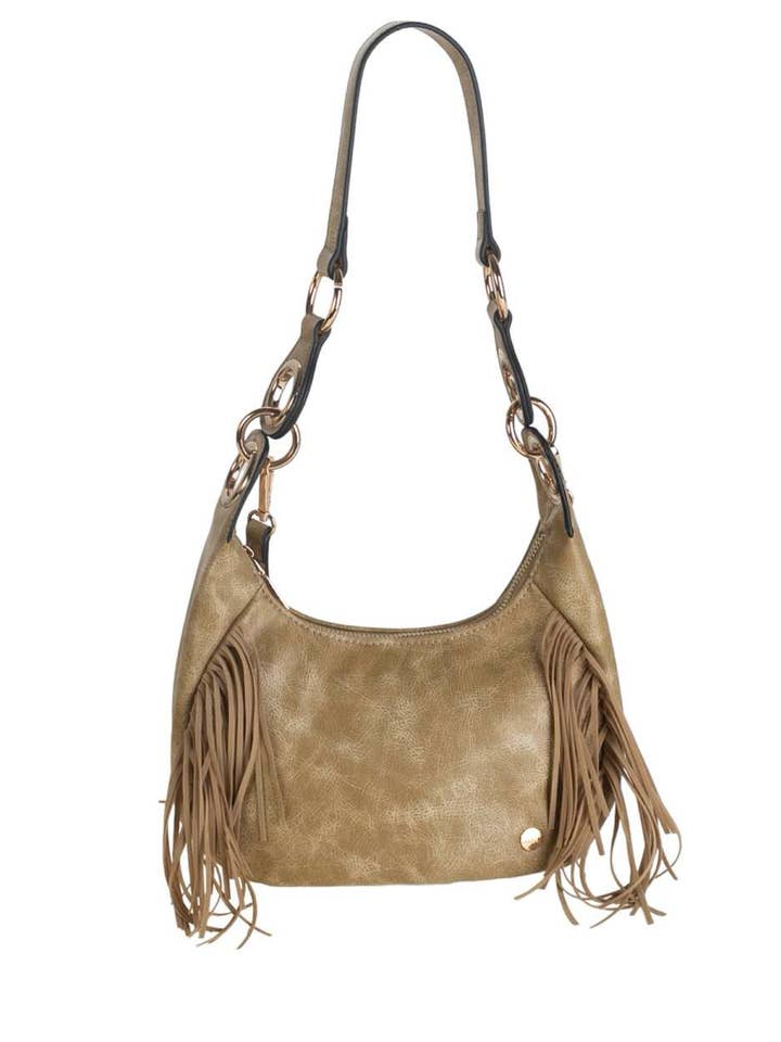 COCKTAIL YUZU HOBO P.U. PELLE E FRANGE SCAMOSCIATO KAKI per la vendita all'ingrosso da parte di Volum Bags