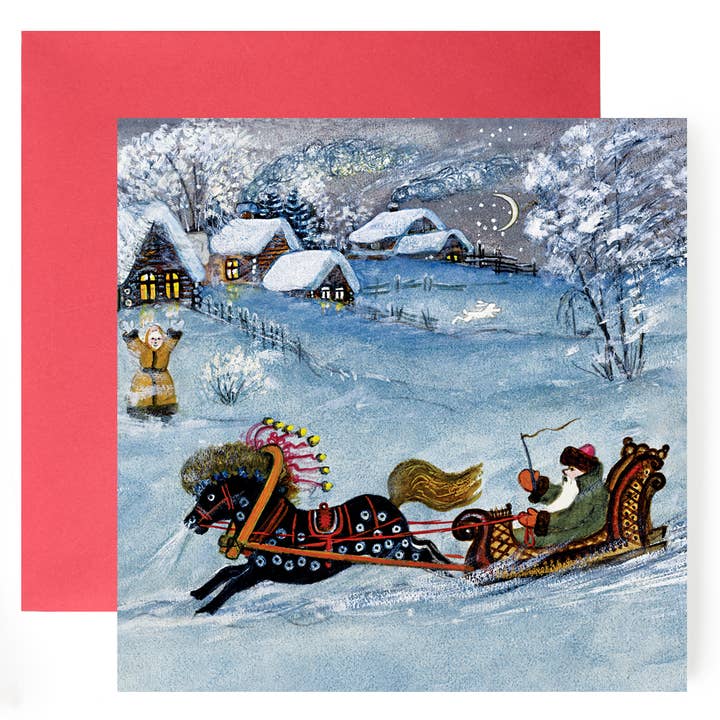 Father Christmas in a Sleigh blank Christmas greeting card for wholesale by Kapelki Art