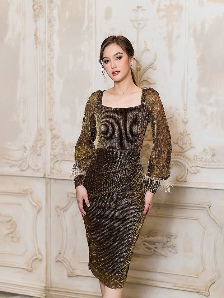 Square Neck Long Sleeve Dress Embellished Detail for wholesale by AlexyDesings