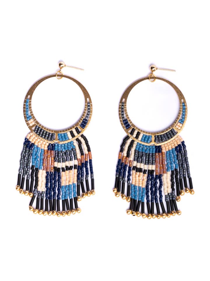 Beaded Handwoven Painted Desert Fringe Earrings (Blue) for wholesale by Mayana Designs Co