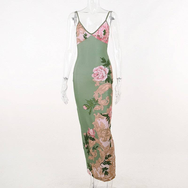 UZ Wholesale Store – wholesale Dress – Women's – Elegant Bodycon Floral Print Strappy Maxi Dress4
