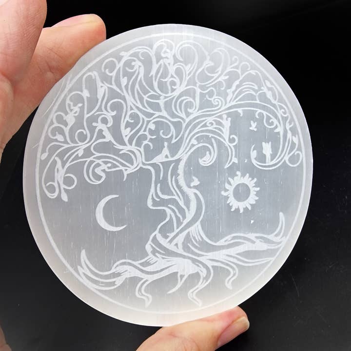 Tree of Life Selenite Charging Plate  10cm for wholesale by Shamans Crystal