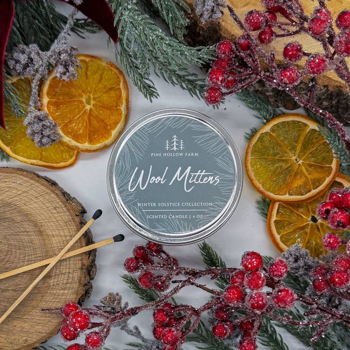 Wool Mittens | Wood Wick Candle | Holiday Christmas Scent for wholesale by Pine Hollow Farm LLC