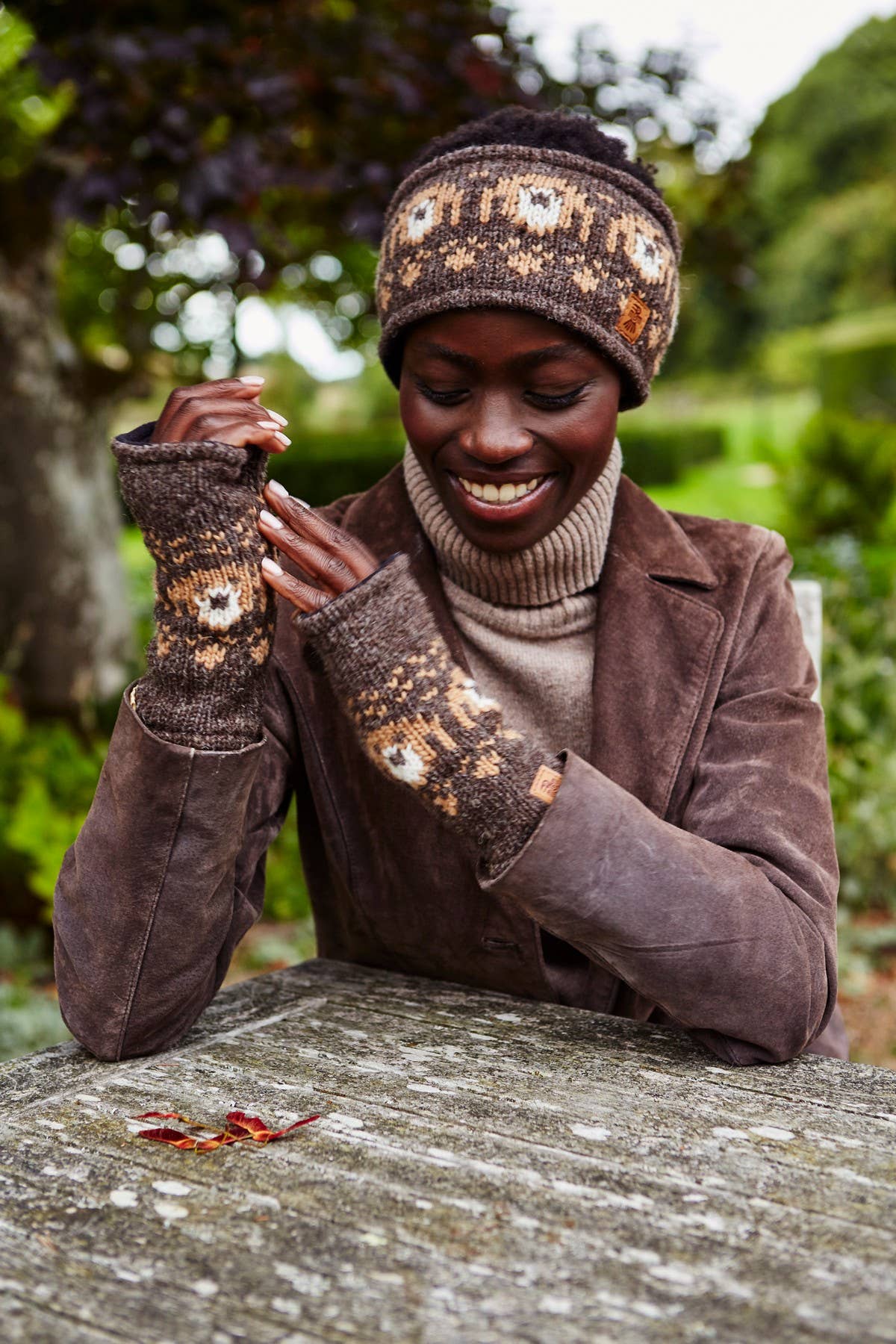 Pooch Dog Knit Wool Fingerless Gloves Bark Brown for wholesale on Faire1