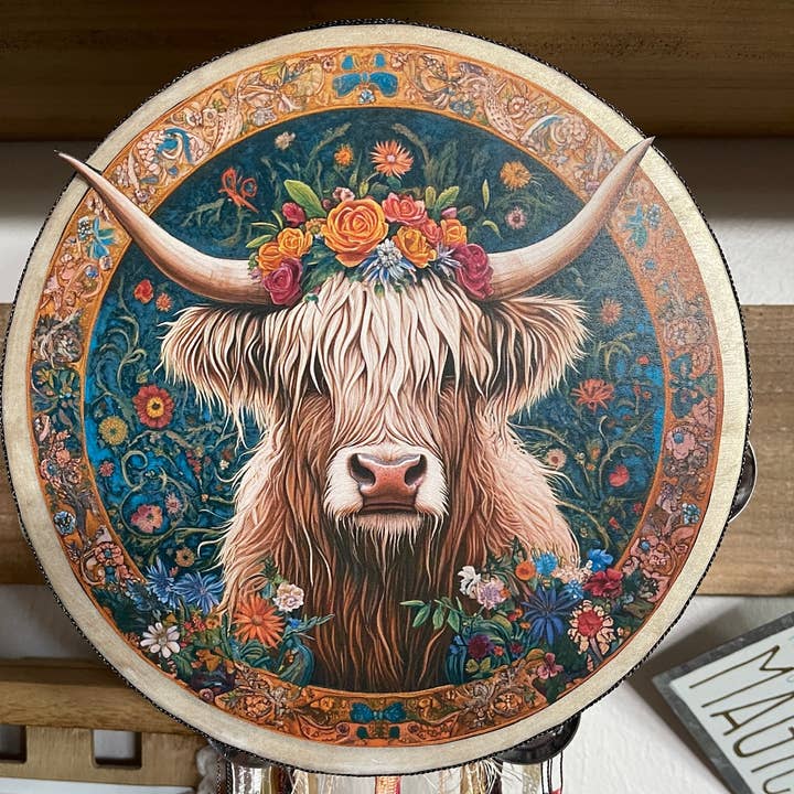 Floral Highland Cow Tambourine and Wall Decor, Farmhouse for wholesale by Bodhi Leaf Market
