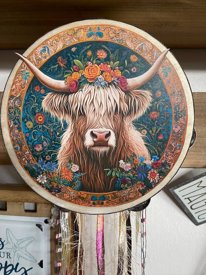 Floral Highland Cow Tambourine and Wall Decor, Farmhouse for wholesale by Bodhi Leaf Market