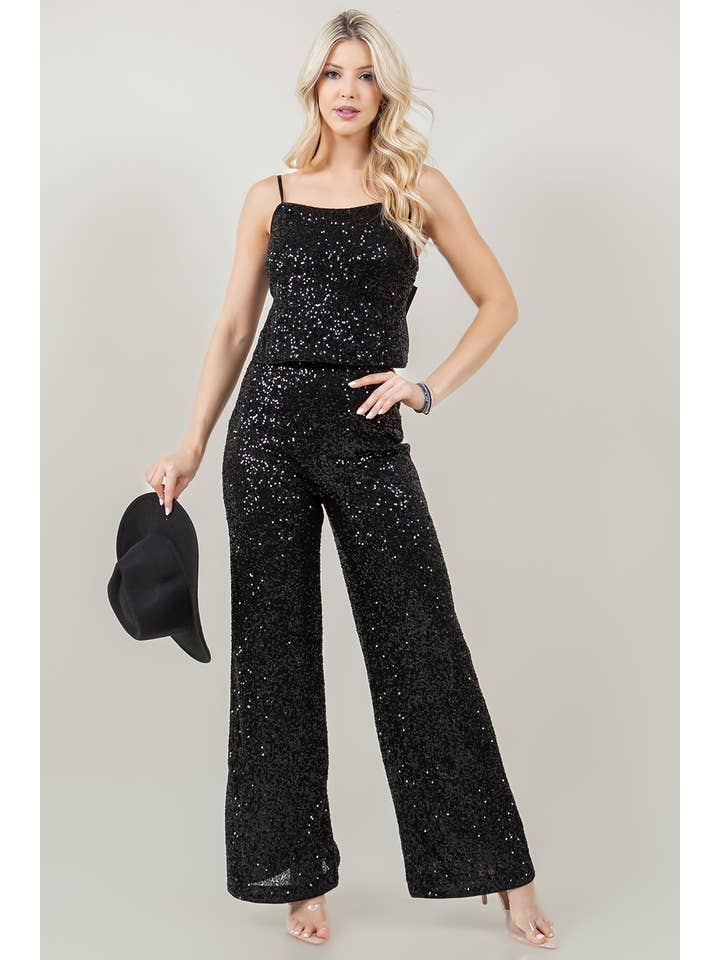 Miss Avenue - Wholesale Set met top en broek (GEEN Loungewear) - Dames - SM5763 Broekset met lovertjes en striksluiting aan de achterkant en wijde broekspijpen1