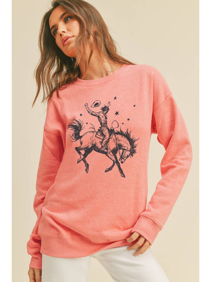 Honestee - Wholesale Graphic Sweatshirt - Women's - Cowboy with Horse Graphic Long Sleeve Sweatshirt2