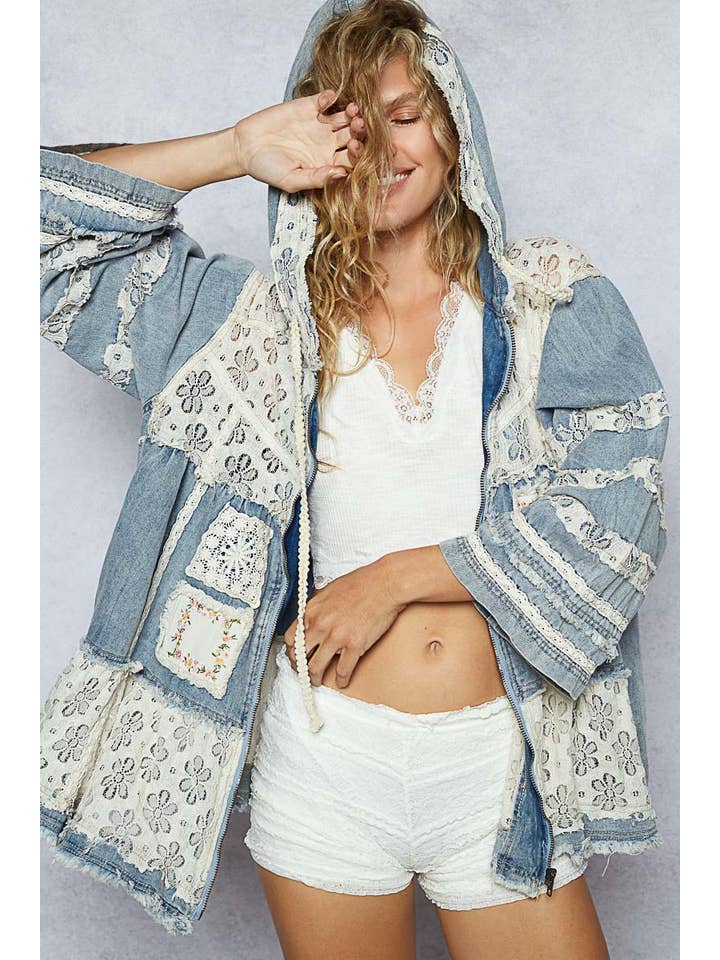 DENIM Embroidered woven crochet patch zipper jacket for wholesale on Faire