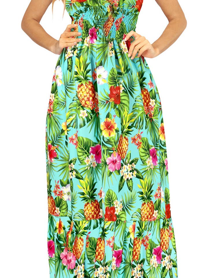 Robe de fête « Lets Go Luau » pour femme avec imprimé tropical et dos nu pour la vente par Happy Bay / La Leela