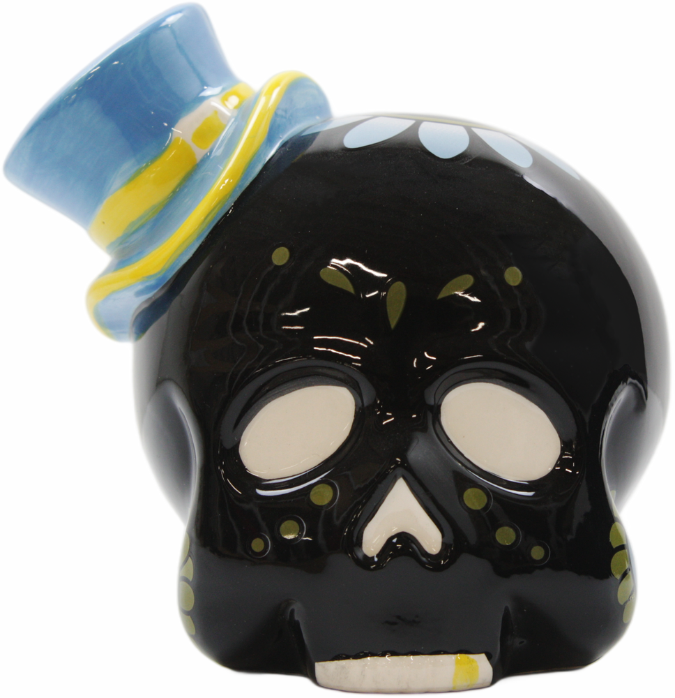 Square Deal Recordings & Supplies - Wholesale Money/Piggy Bank - Money Bank - Sourpuss  - Ceramic Sugar Skull With Top Hat 5"5