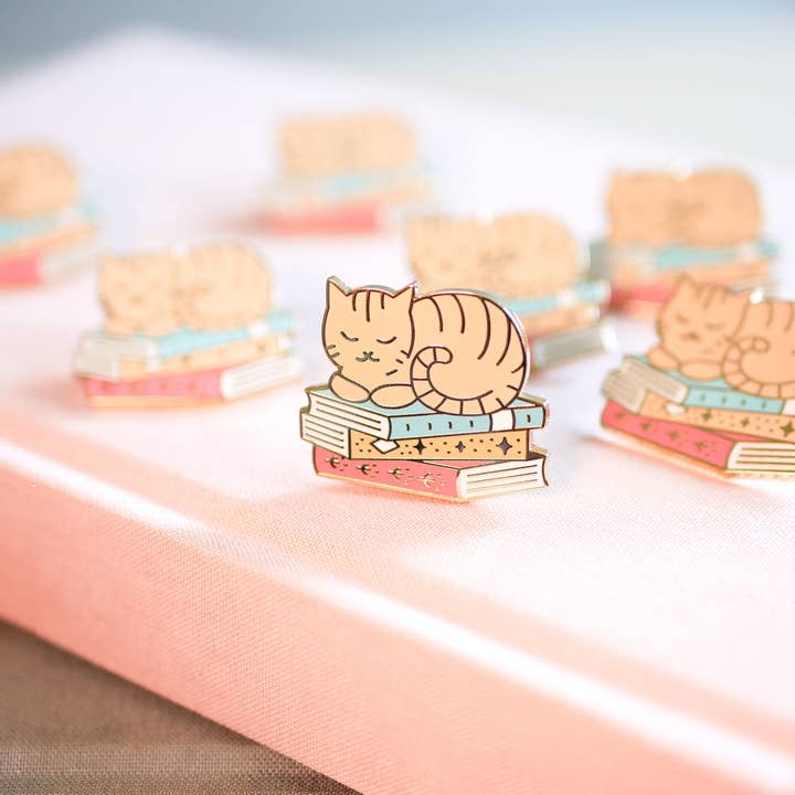 Emmeline Illustration - Wholesale Lapel Pin/Button - Book Kitty Enamel Pin