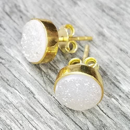 Sosie Designs - Wholesale Stud/Post Earrings - Gold Druzy Quartz Studs Earrings 9MM - Rainbow White