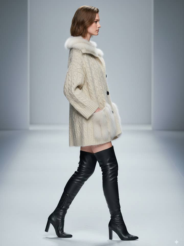 CCIC New York - Wholesale Cardigan - Women's - Faux Fur Cardigan Cable Knit Sailor Collar Statement2