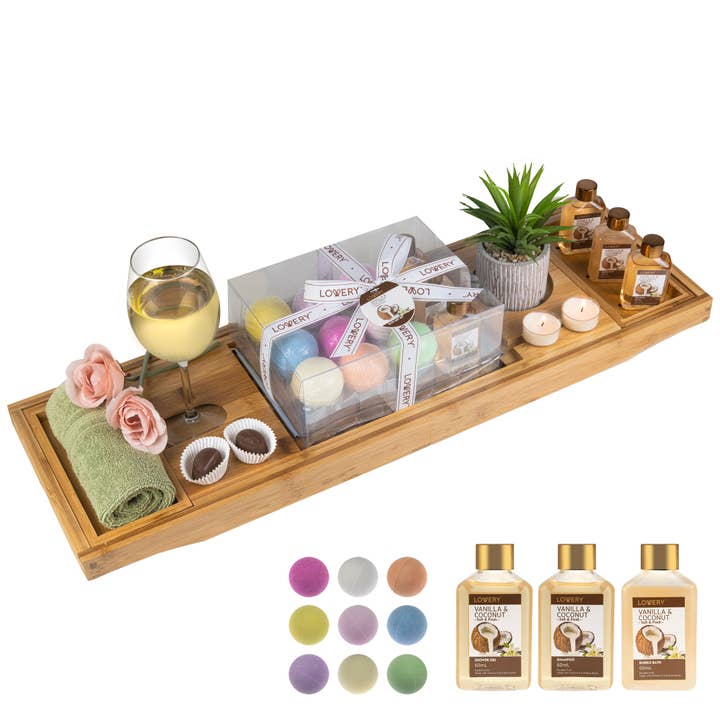 Lovery - Wholesale Bath & Body Set - Bamboo Bathtub Caddy Gift Set - Expandable Tray + Bath Bombs