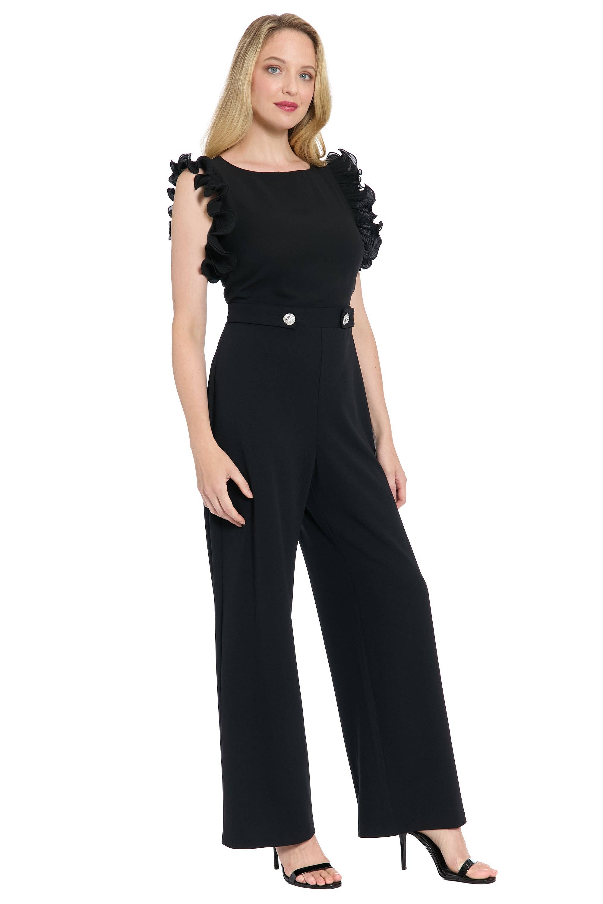 Maggy London Group - Wholesale Jumpsuit - Women's - PLEATED RUFFLE SLV MIXED MEDIA JUMPSUIT WITH BUTTON TABS1