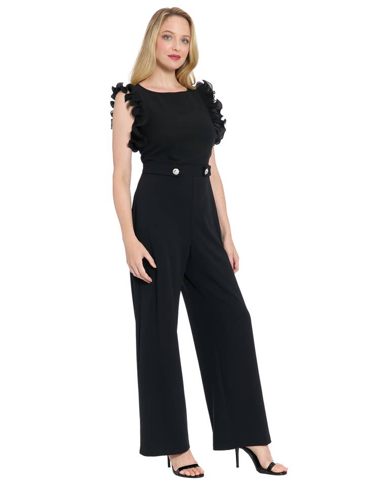 Maggy London Group - Wholesale Jumpsuit - Women's - PLEATED RUFFLE SLV MIXED MEDIA JUMPSUIT WITH BUTTON TABS1