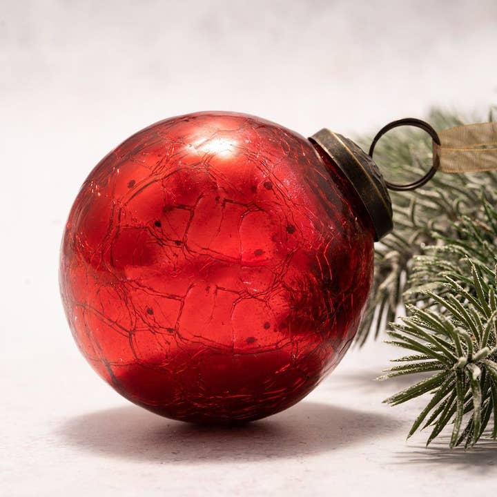 Bollywood Christmas – wholesale Ornament – 3" Large Red Crackle Glass Christmas Bauble
