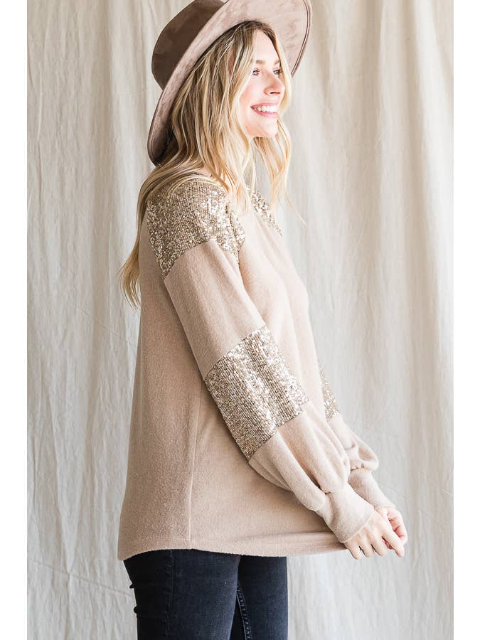 7th Ray - Wholesale Knit Top - Women's - Women's Casual Brush Knit Top with Sequin Contrast T4399