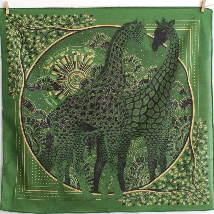 Giraffe, "Surya" in the Grassland Bandana Scarf (Olive Green) for wholesale by sol&mar art co.