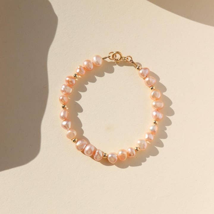 Token Jewelry - Wholesale Link & Chain Bracelet - Pink Pearl Bracelet in 14k Gold Fill or Sterling SilverÂ