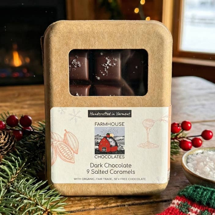 9 Piece Dark Chocolate Covered Salted Caramels for wholesale by Farmhouse Chocolates