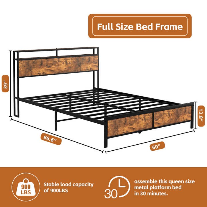 Orange County Decor - Wholesale Bed - Industrial Full Bed Frame With Led Lights And 2 Usb Ports, Bed Frame Full Size With Storage, Noise Free, No Box Spring Needed, Rustic Brown Full Rustic Brown Metal Metal