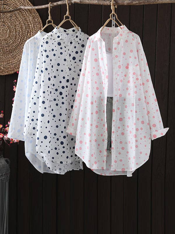 VividLux - Wholesale Button Down Shirt - Women's - Long Sleeves Loose Polka-Dot Lapel Shirts Tops13