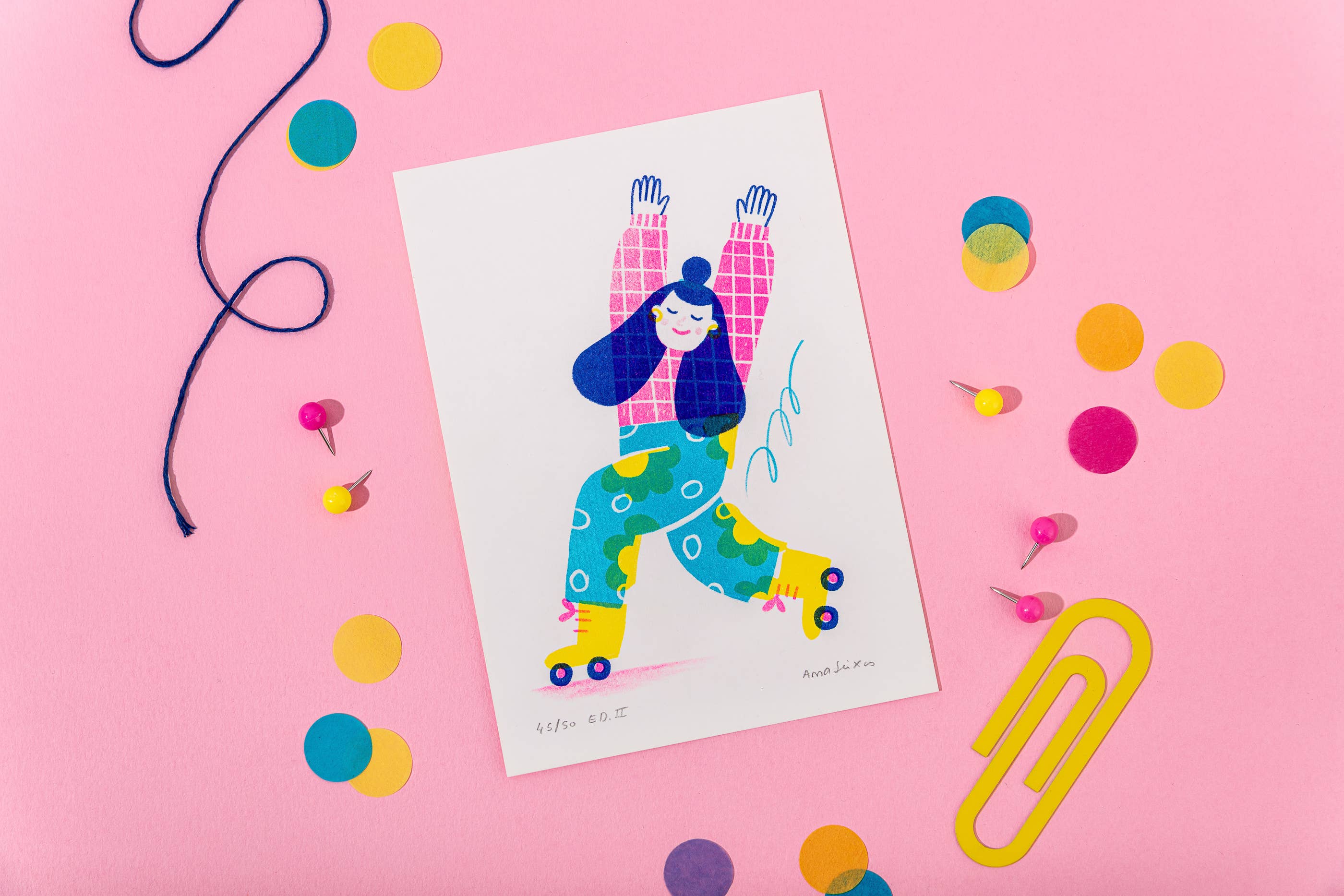 Ana Seixas – Impressão artística por atacado – Julia, a patinadora – Ilustração Risograph A53