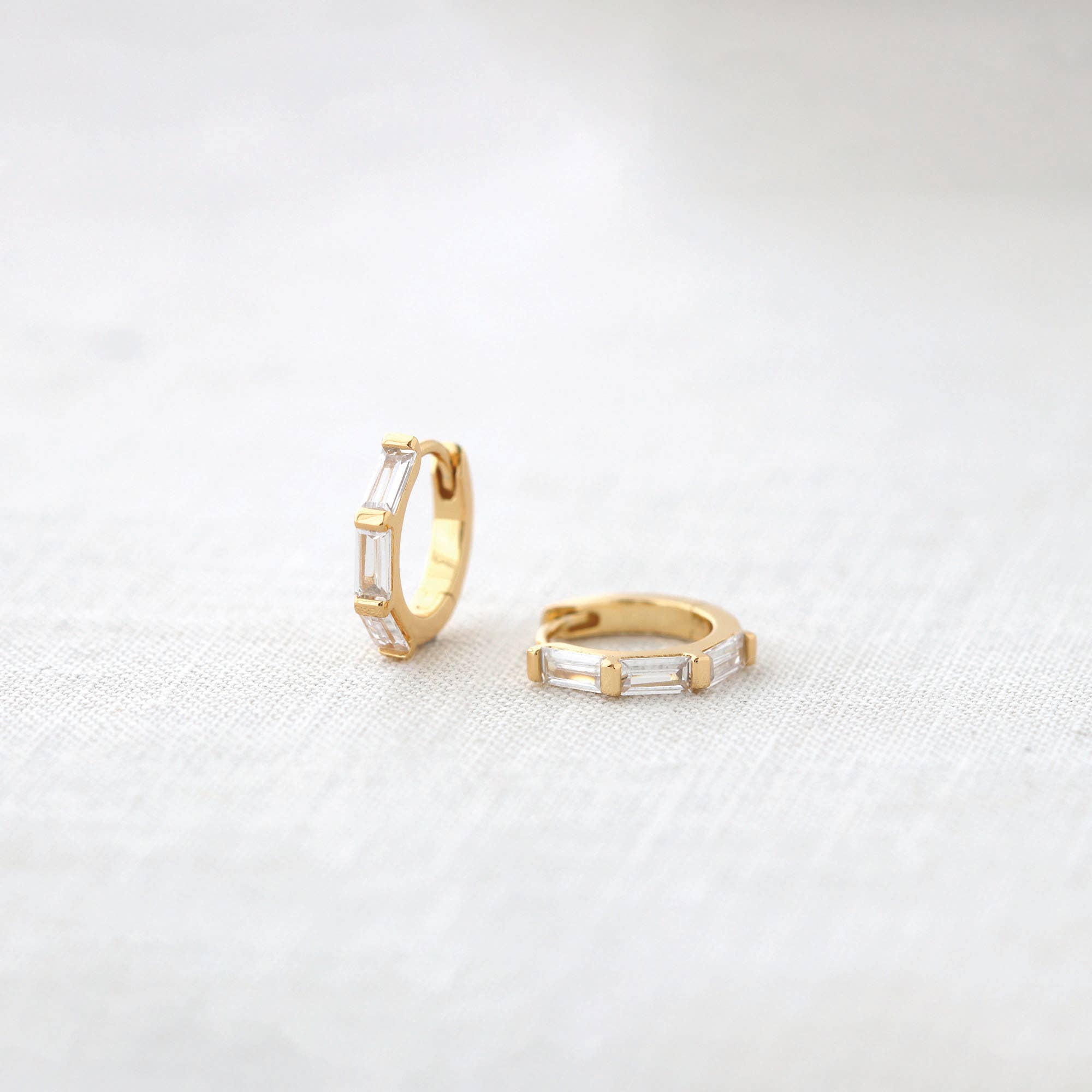 Kris Nations - Wholesale Huggie Earrings - Baguette Huggie Hoop Earrings 18K Gold Vermeil | Sterling Silver CZ Crystals 12mm Hoops Hinge Closure Nickel Free Hypoallergenic Ships from CA3
