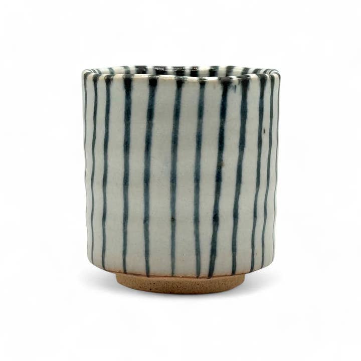 Inoue Tea - Wholesale Coffee/Tea Cup - Tokusa Stripe White Mino-yaki Yunomi by Kimura - Japanese Teacup