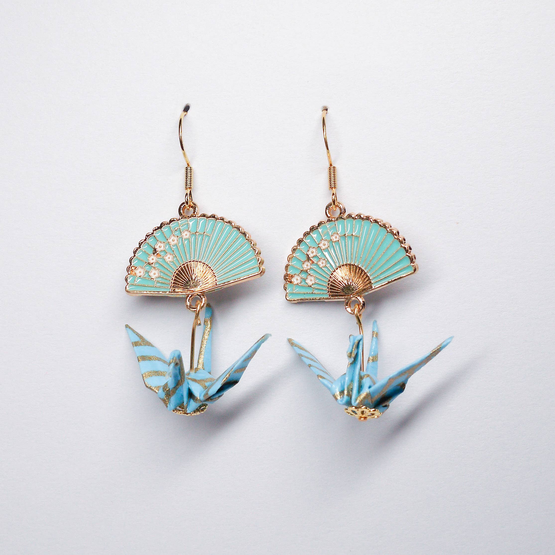 Kamyi.Art Origami Designs - Wholesale Dangle Earrings - Origami Crane and Fan Gold Earrings - Seawave on Teal2