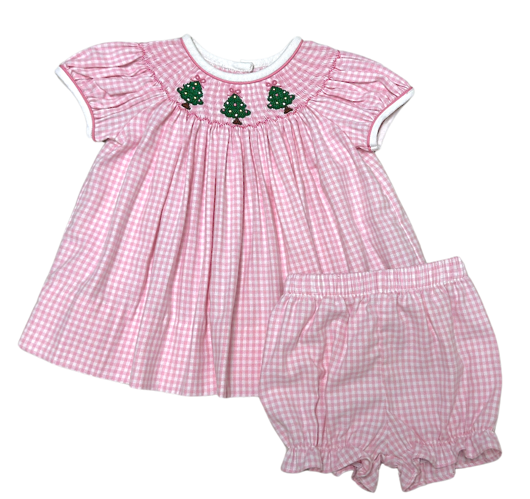 Marco and Lizzy - Wholesale Clothing Set - Baby - Girl's Pink Gingham "Christmas Tree" Smocked Bishop1