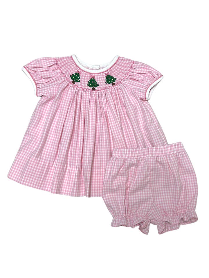 Marco and Lizzy - Wholesale Clothing Set - Baby - Girl's Pink Gingham "Christmas Tree" Smocked Bishop1