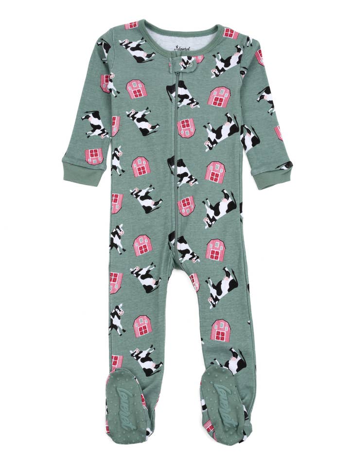 Baby Voetjes Katoenen Pyjama Koe Groen voor wholesale door Leveret Pajamas