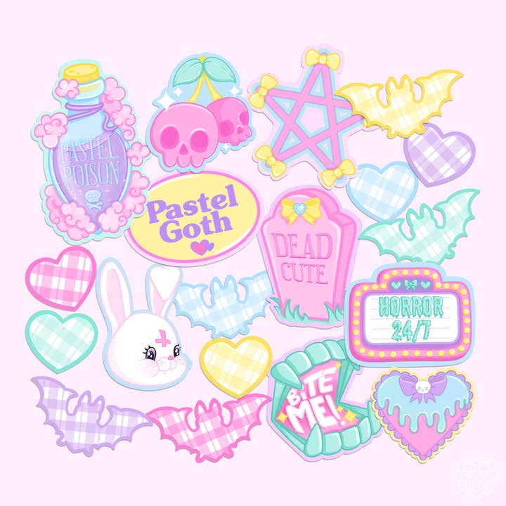 Pastel Goth Kawaii Holographic or Matte Sticker Pack for wholesale by LooLooKazoo