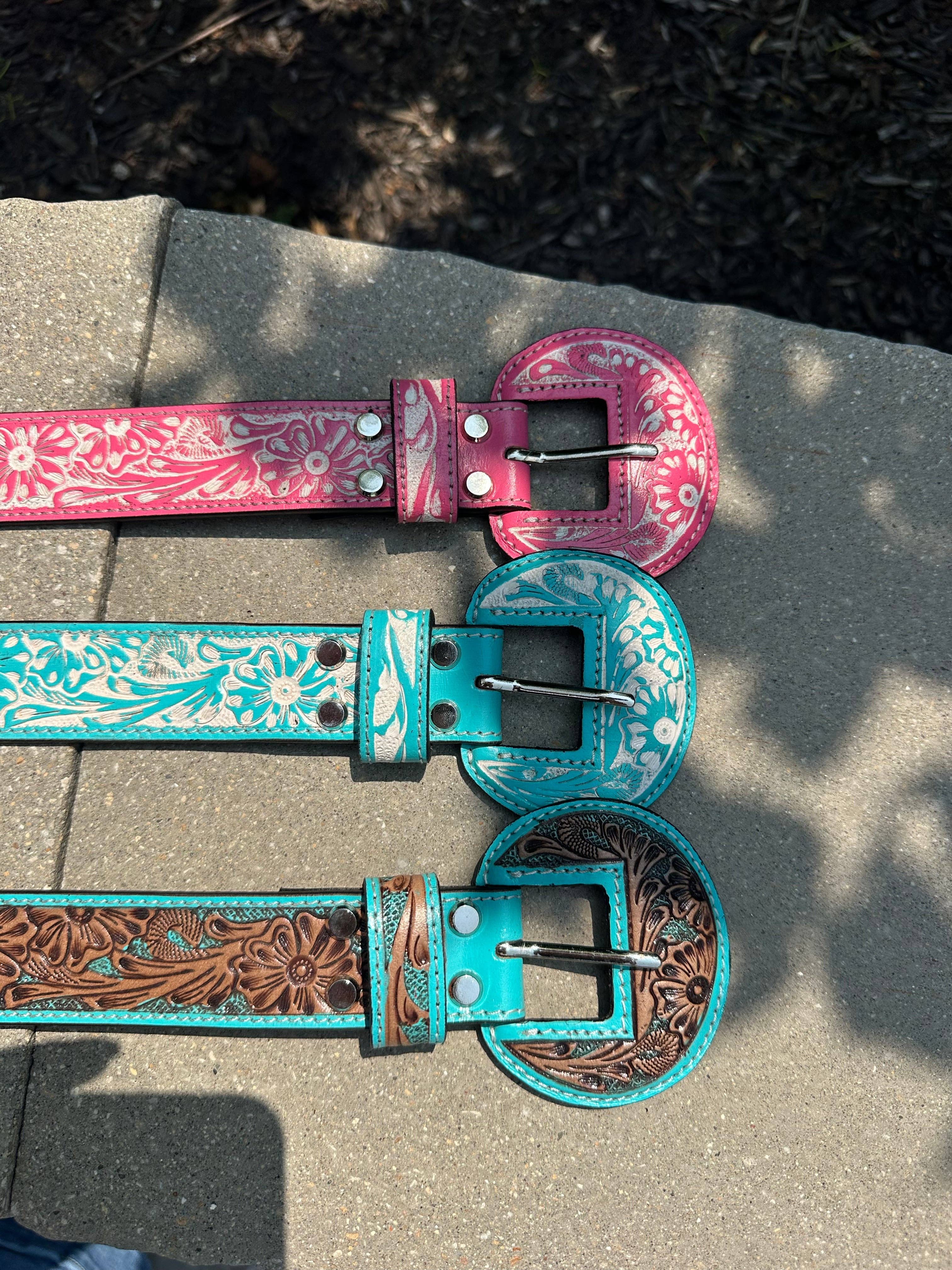 BDN Boutique - Wholesale Belt - Women's - Hand Tooled Genuine Leather Wide Rounded Buckles Belt *3colors5